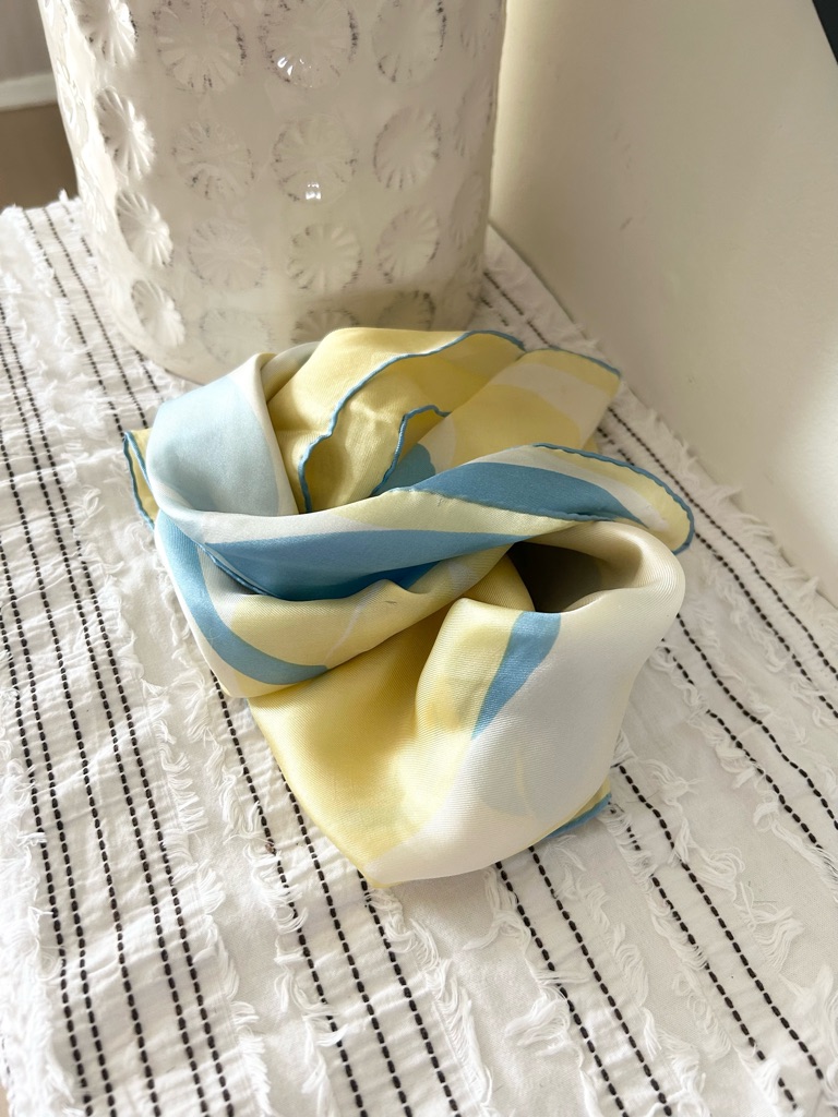 Vintage Pastel Blue And Yellow Silk Scarf Flawed